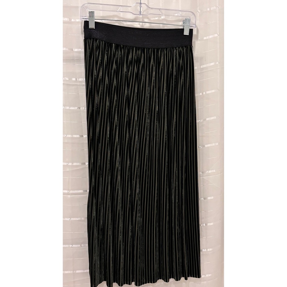 Sleek Chic Black Olive Green Metallic Striped Pleated Midi Skirt Made in Italy L